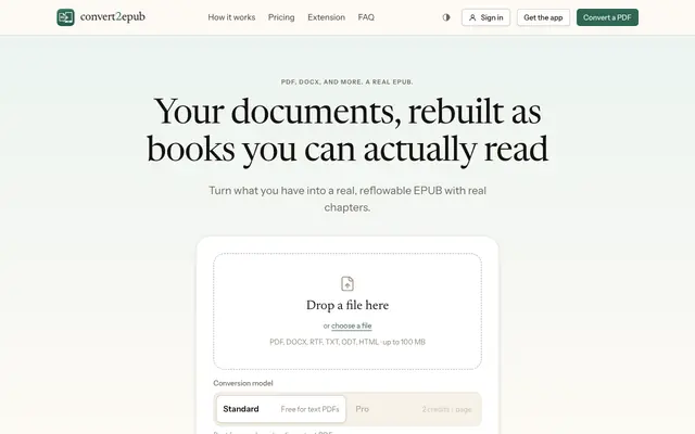 Screenshot of PDF to EPUB Converter — Free, with Real Chapters & TOC | Convert2EPUB