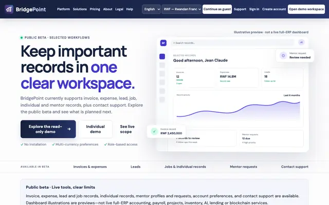 Screenshot of BridgePoint Business Hub