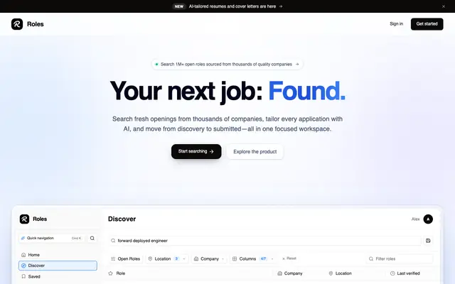 Screenshot of Roles | Search Fresh Jobs and Tailor Every Application