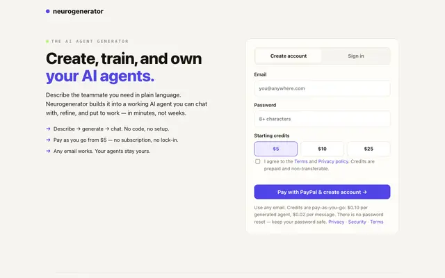 Screenshot of Neurogenerator — create, train, and own your AI agents