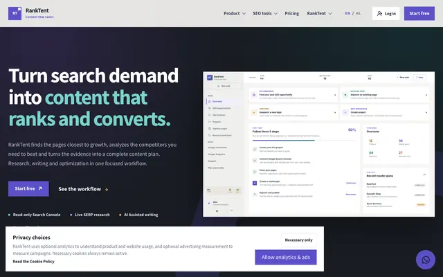 Screenshot of RankTent | SEO content planning and optimization