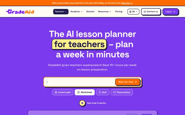 Screenshot of GradeAid — AI Lesson Planner & Teaching Tools for Teachers