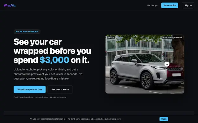 Screenshot of AI Car Wrap Visualizer — Preview Any Wrap on Your Car — WrapViz