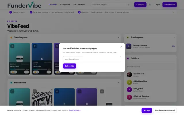 Screenshot of FunderVibe — Project feed
