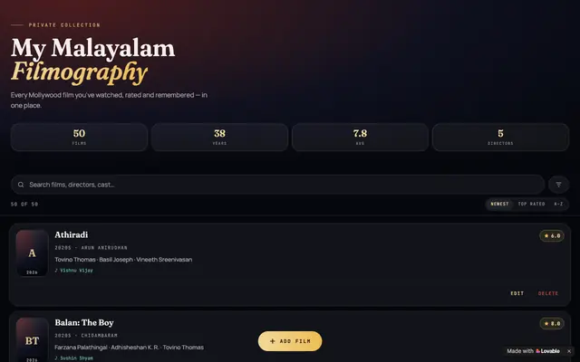 Screenshot of My Malayalam Filmography — Personal Mollywood Log