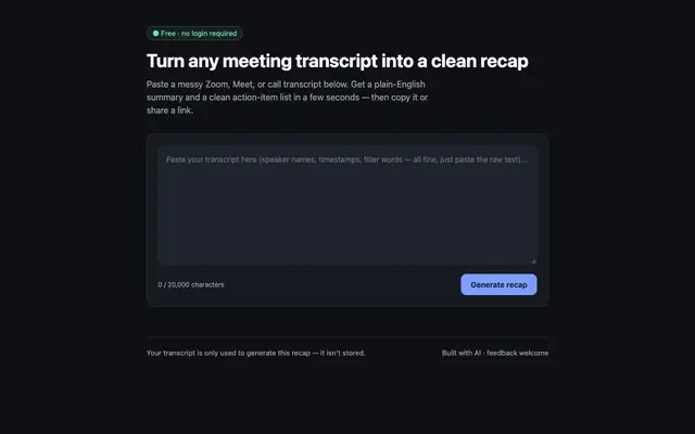 Screenshot of Recap — turn any meeting transcript into a clean summary