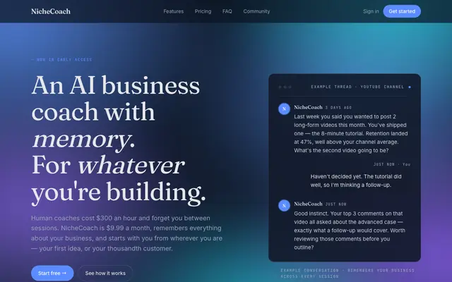 Screenshot of NicheCoach — AI coaching for solo operators