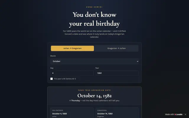 Screenshot of True Birth Date — Julian to Gregorian Converter
