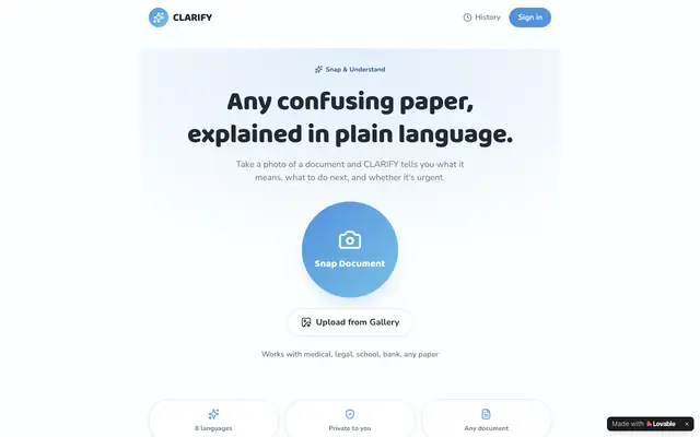 Screenshot of CLARIFY — Snap & Understand any document
