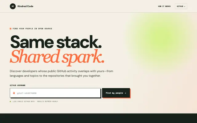 Screenshot of Kindred Code — Same stack. Shared spark.
