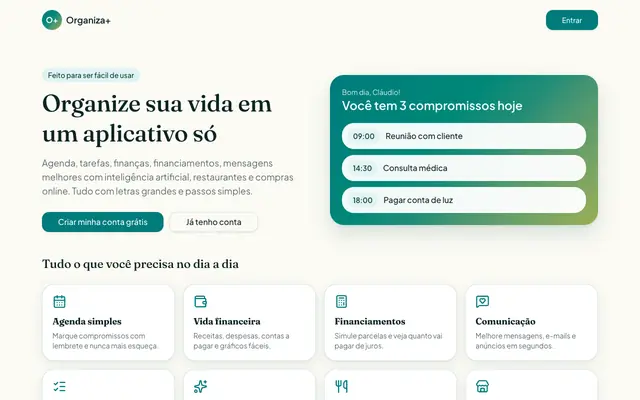 Screenshot of Organiza+ — Agenda, tarefas, finanças e IA no seu dia a dia