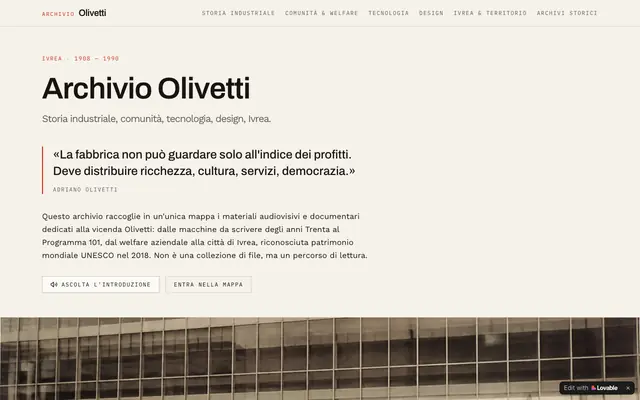 Screenshot of Archivio Olivetti — Storia, Comunità, Tecnologia, Design
