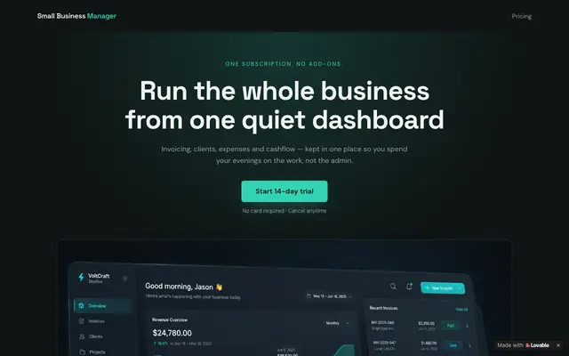 Screenshot of Small Business Manager — Invoicing, Clients & Cashflow