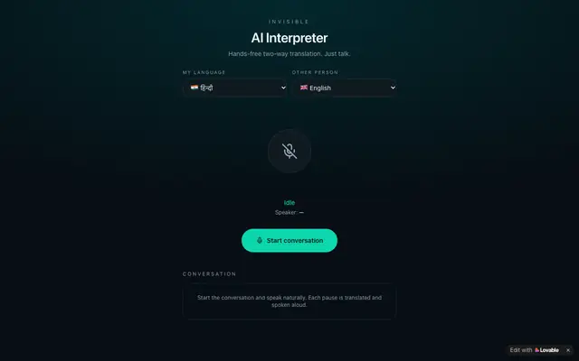 Screenshot of AI Interpreter — Live Hindi ↔ English Conversation