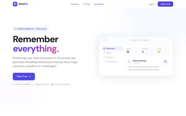 Screenshot of BriefPad — Your Client Memory. Never Forget What Matters.