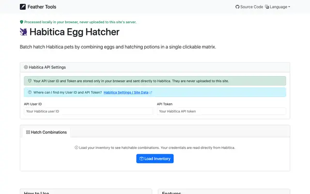 Screenshot of Habitica Egg Hatcher | Feather Tools