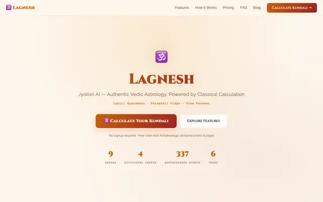 Screenshot of Lagnesh — Free Vedic Astrology Chart & AI Jyotish Readings