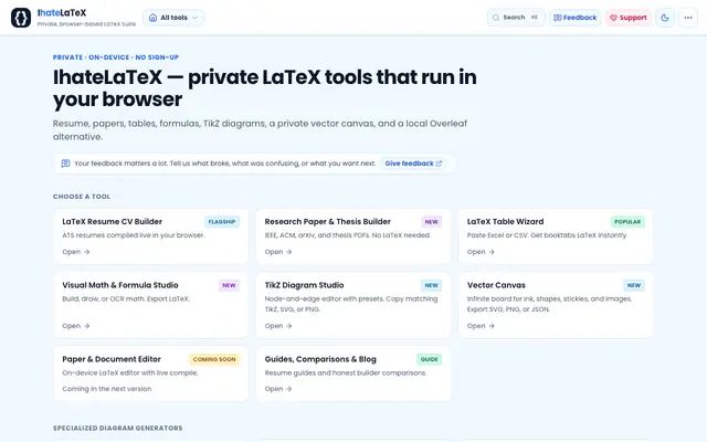 Screenshot of IhateLaTeX - Free Offline LaTeX Resume & CV Builder | In-Browser WebAssembly ATS
