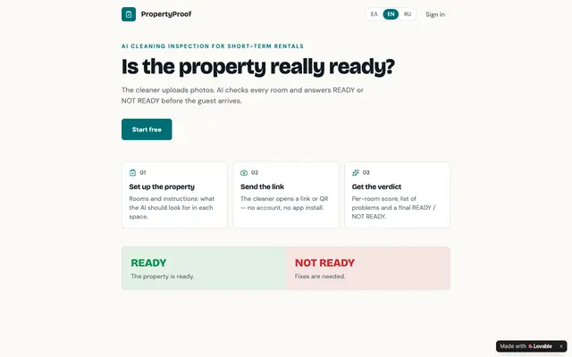 Screenshot of PropertyProof — AI turnover inspection for rentals