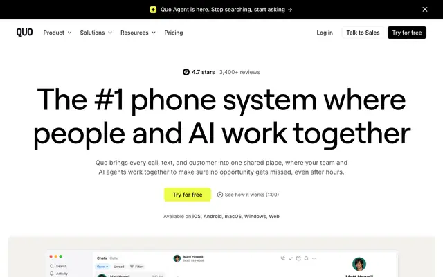Screenshot of Quo (formerly OpenPhone) | Best Phone System for Startups & Small Businesses