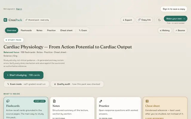 Screenshot of Cardiac Physiology — From Action Potential to Cardiac Output · Shared deck · Cru