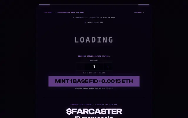 Screenshot of fid.market — $FARCASTER ID memecoin