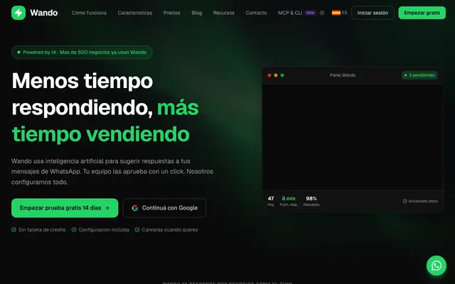 Screenshot of Wando — Menos tiempo respondiendo, más tiempo vendiendo