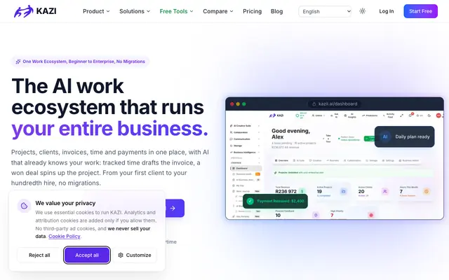 Screenshot of KAZI: The AI work ecosystem that runs your entire business