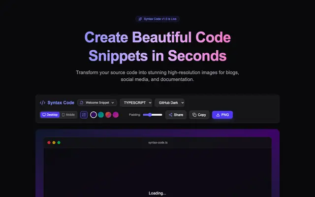 Screenshot of Syntax Code — Create Beautiful Code Snippets in Seconds
