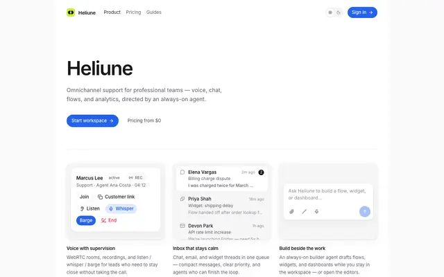 Screenshot of Heliune — AI omnichannel support that builds itself