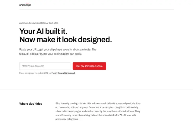 Screenshot of shipshape — Your AI built it. Now make it look designed.
