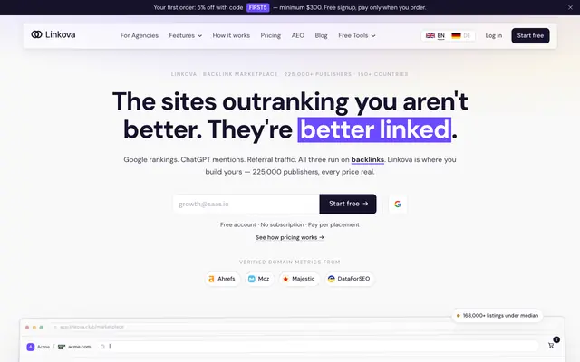 Screenshot of Linkova — Backlink Marketplace with 225,000+ Publishers & Real Prices