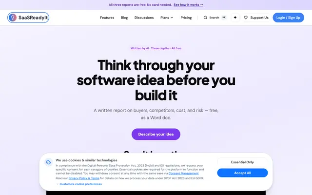 Screenshot of SaaSReadyit — Think through your software idea before you build it