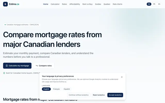 Screenshot of Estima.ca | Compare Mortgage Rates in Canada 2026