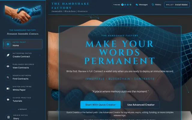Screenshot of Handshake Factory – Immutable Declarations, Memorials & Digital Permanence