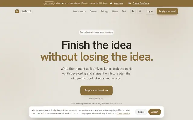 Screenshot of ideaboxd | Develop Ideas Without Losing the Original Thought