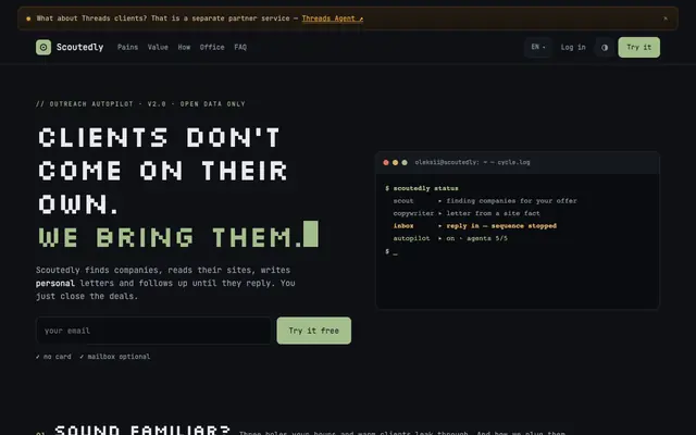 Screenshot of Scoutedly — an agent that finds clients and writes to them