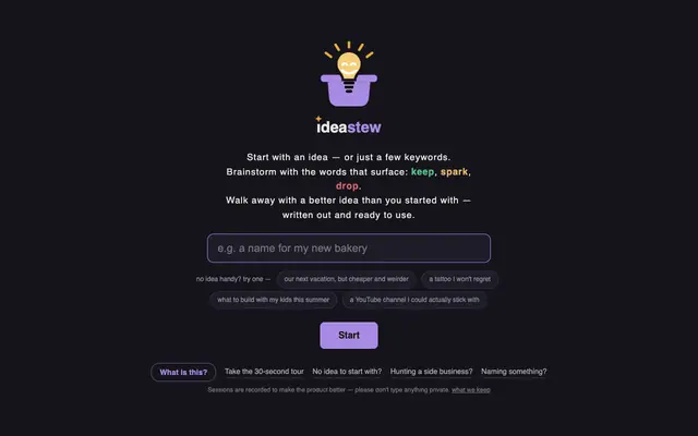 Screenshot of IdeaStew — turn a half-formed idea into a prompt worth using
