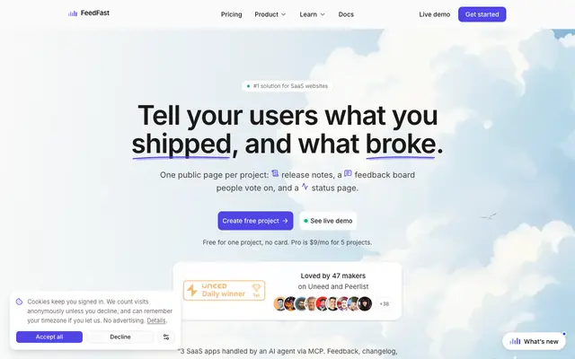 Screenshot of FeedFast — Changelog, feedback and uptime