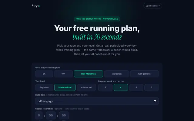 Screenshot of Free Running Training Plan Generator | Stryxs AI Running Coach