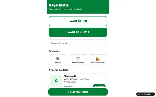 Screenshot of NaijaHustle — Find Side Hustles & Skilled Hands in Nigeria