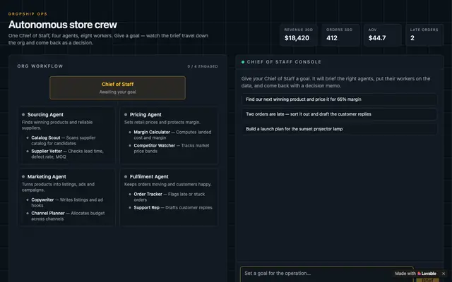 Screenshot of Dropship Ops — AI Chief of Staff, agents & workers