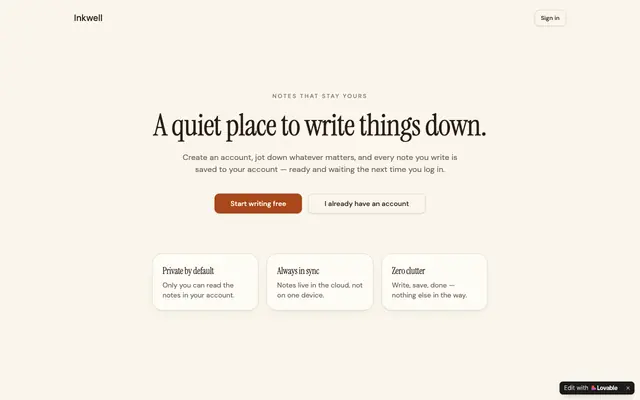 Screenshot of Inkwell — Private notes for your account