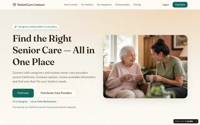 Screenshot of SeniorCare Connect — Find the Right Senior Care in California