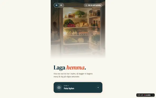 Screenshot of Kylskåpskocken – fota kylen, få ett recept