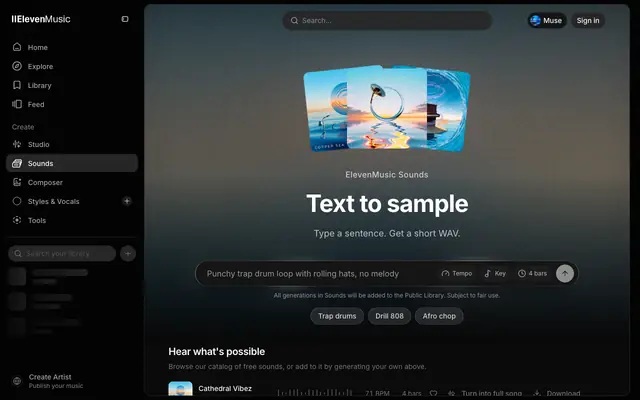 Screenshot of Text to Sample - Prompt a Loop for Your DAW | ElevenMusic