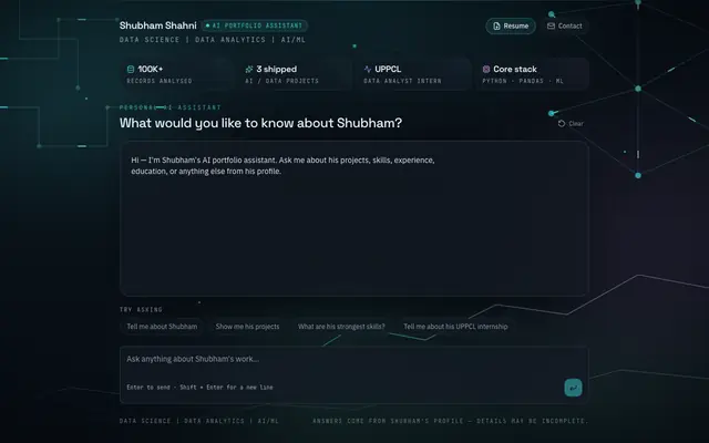 Screenshot of Shubham Shahni — AI Portfolio Assistant