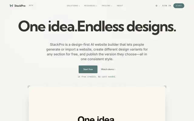 Screenshot of StackPro — Design-first AI website builder, free to explore