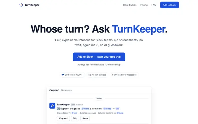 Screenshot of TurnKeeper — fair rotation app for Slack | Whose turn is it?