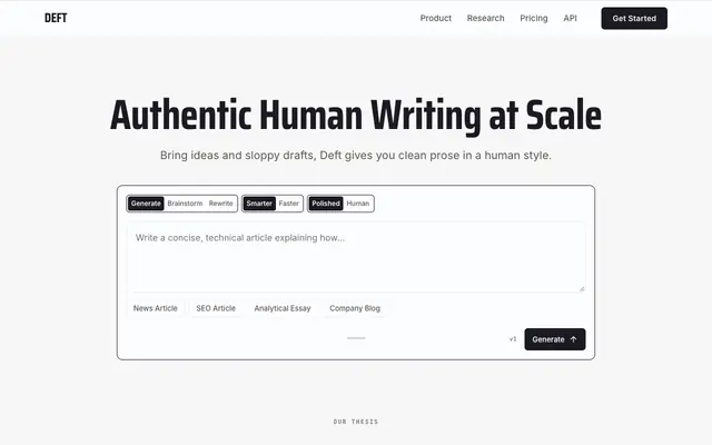 Screenshot of Deft AI Writing That Doesn't Sound Like AI